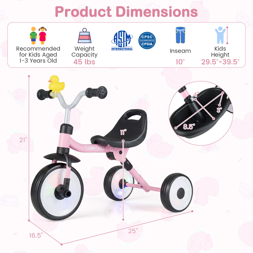 Toddler tricycle with glowing wheels, foldable design, basket, and duck bell; dimensions for kids aged 1-3 years.