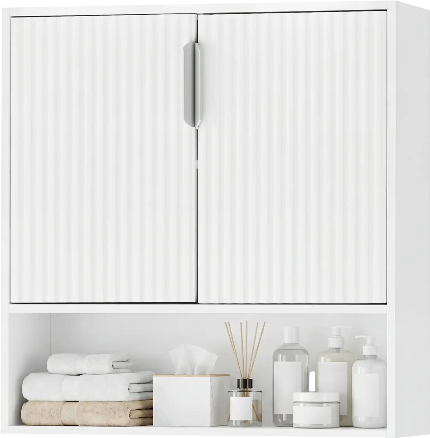 Costway Bathroom Wall Cabinet 2 Fluted Doors Open Cube Adjustable Shelf 48234322 New