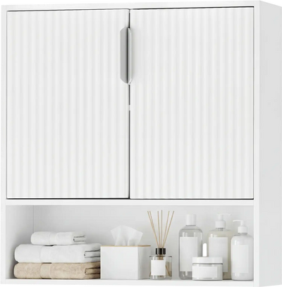 Costway Bathroom Wall Cabinet 2 Fluted Doors Open Cube Adjustable Shelf 48234322 New