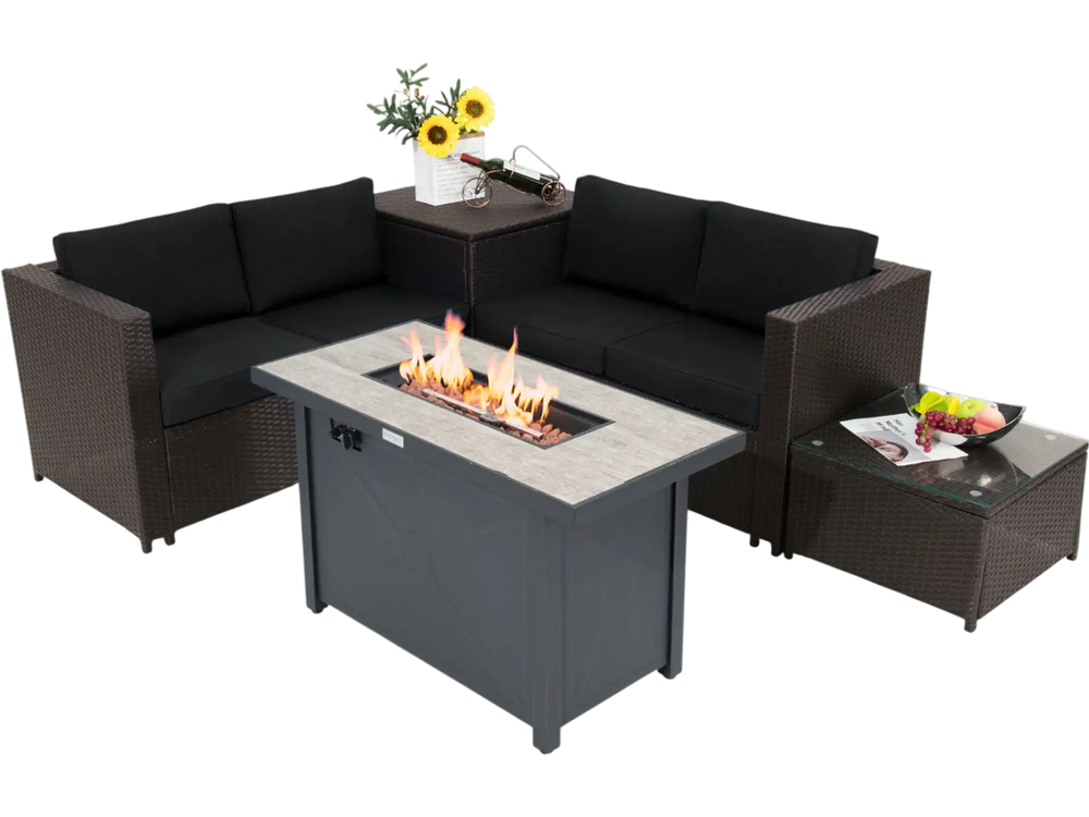L-shaped patio sofa set with plush black cushions and a stylish propane fire pit table for cozy outdoor lounging.