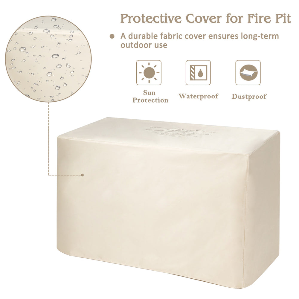 Protective cover for fire pit, made of durable fabric, waterproof and dustproof for outdoor use and sun protection.