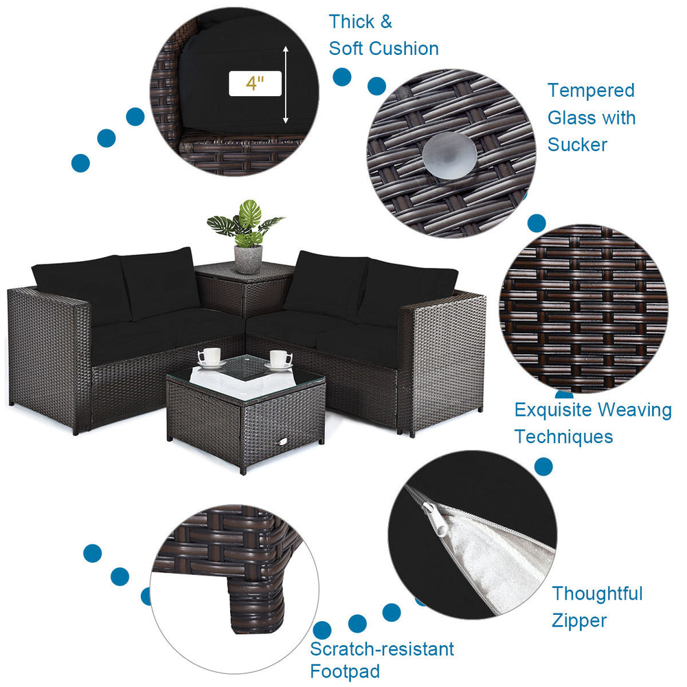 5-piece patio furniture set featuring a propane fire pit table, black cushions, and exquisite weaving techniques.