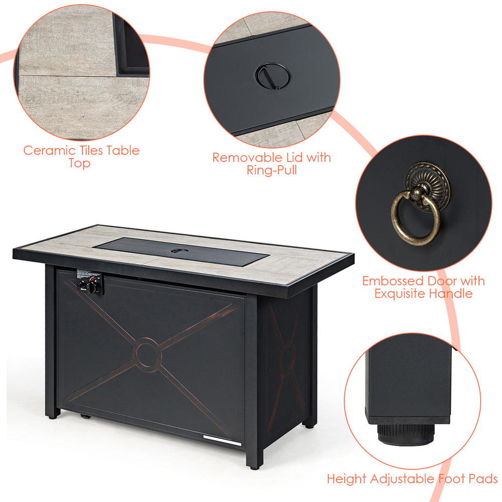 Patio fire pit table featuring a ceramic tiles top, embossed door, and removable lid for outdoor gatherings.
