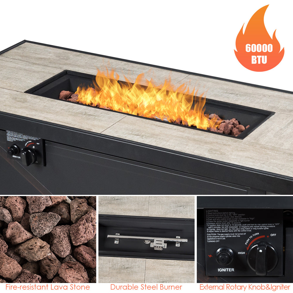 5-piece patio furniture set featuring a propane fire pit table with a durable steel burner and fire-resistant lava.