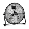 Heavy-duty metal floor fan with a black finish, designed for commercial use and optimal airflow.