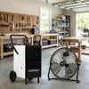 Commercial dehumidifier and heavy-duty metal floor fan combo in a garage setting, ideal for moisture control and.