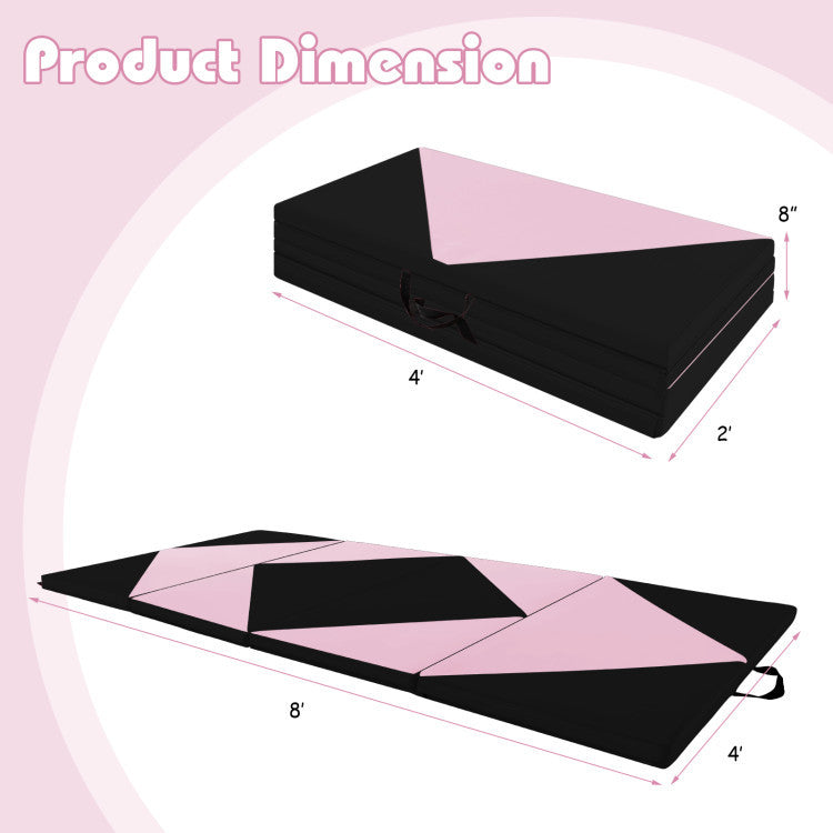 Folding gymnastics mat in black and pink, measuring 8' x 4' x 2', shown in folded and unfolded positions for versatile.