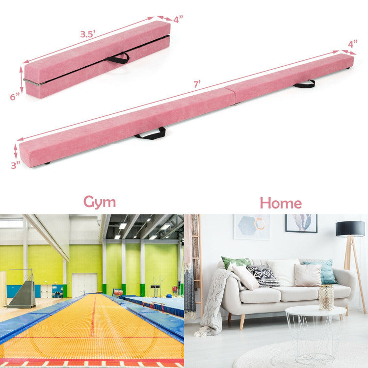 Folding gymnastics mat and portable floor balance beam set in pink, ideal for home or gym use, measuring 7' x 3.5'.
