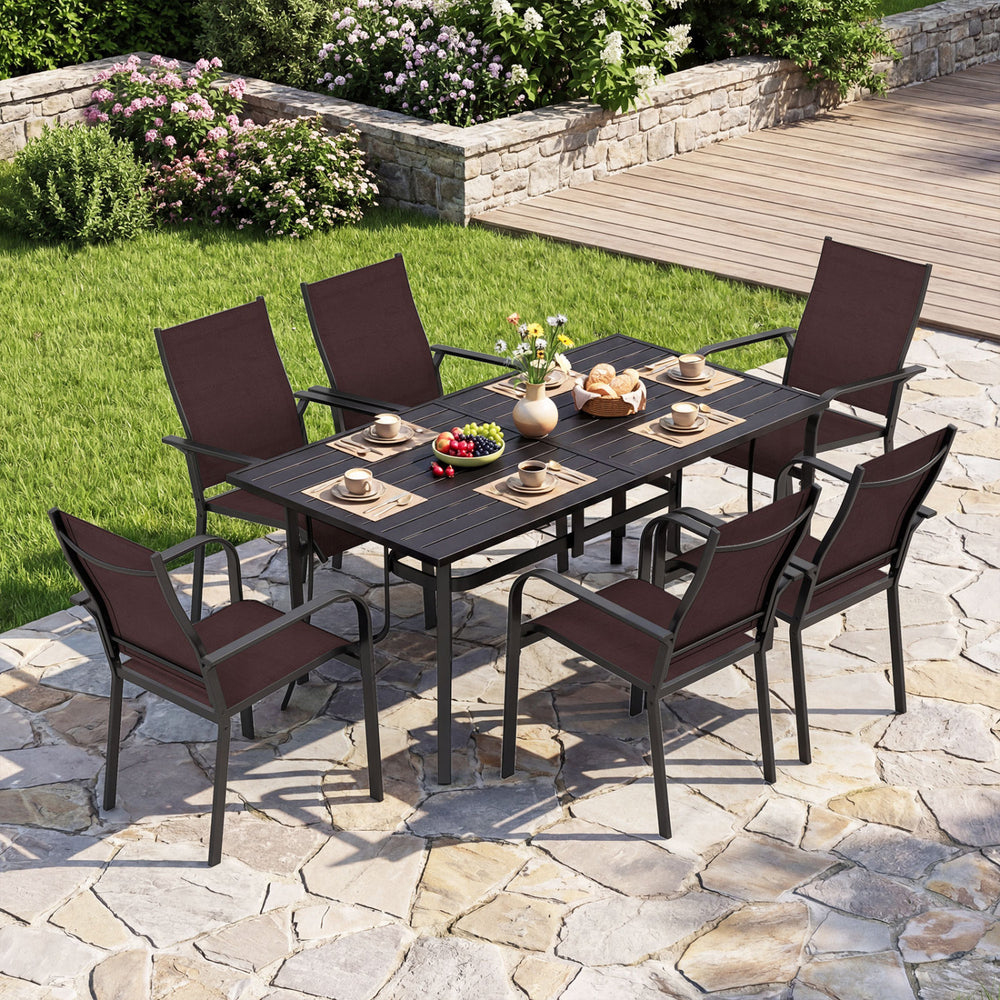7-Piece Patio Dining Set for 6 with Rectangle Metal Table and Stackable Breathable Mesh Armchairs - Gallery View 2 of 11