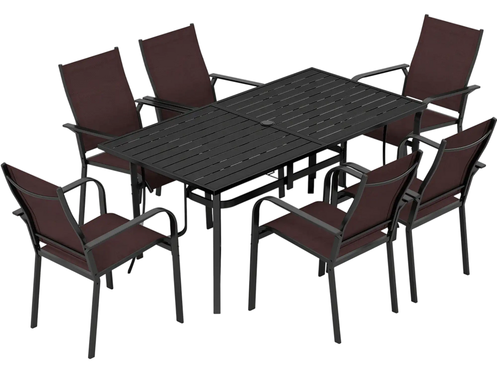 7-Piece Patio Dining Set for 6 with Rectangle Metal Table and Stackable Breathable Mesh Armchairs - Gallery View 1 of 11