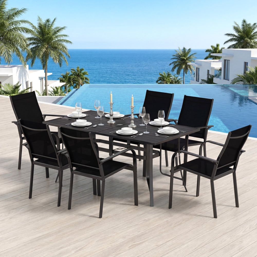 7-Piece Patio Dining Set for 6 with Rectangle Metal Table and Stackable Breathable Mesh Armchairs-Black - Gallery View 1 of 12