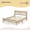 Queen wood bed frame with upholstered headboard in natural finish, showcasing dimensions and sturdy slat support.