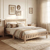 Queen wood bed frame with upholstered headboard in natural finish, styled with neutral bedding in a cozy bedroom.