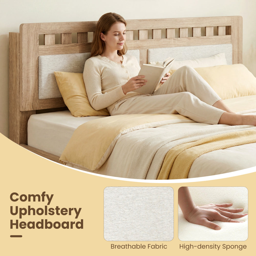 Upholstered headboard of the Queen Wood Bed Frame in natural finish, featuring breathable fabric and high-density.