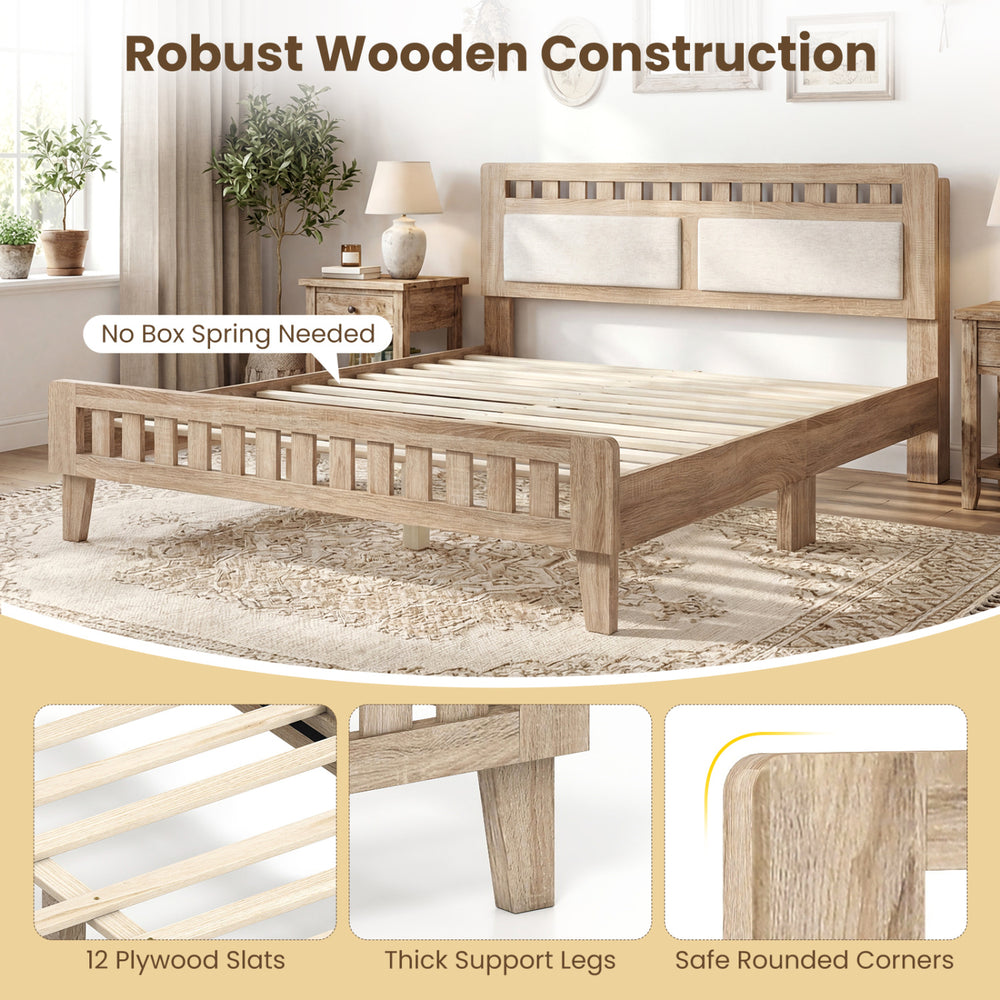 Queen wood bed frame with upholstered headboard in natural finish, featuring robust wooden construction and thick.
