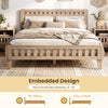 Queen wood bed frame with upholstered headboard in natural finish, featuring embedded design for mattress support.