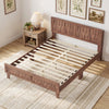 Mid Century queen size bed frame with woven accent headboard in natural wood, showcasing slatted support.