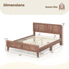 Mid Century queen size bed frame with woven accent headboard, natural wood finish, dimensions 85" x 63".
