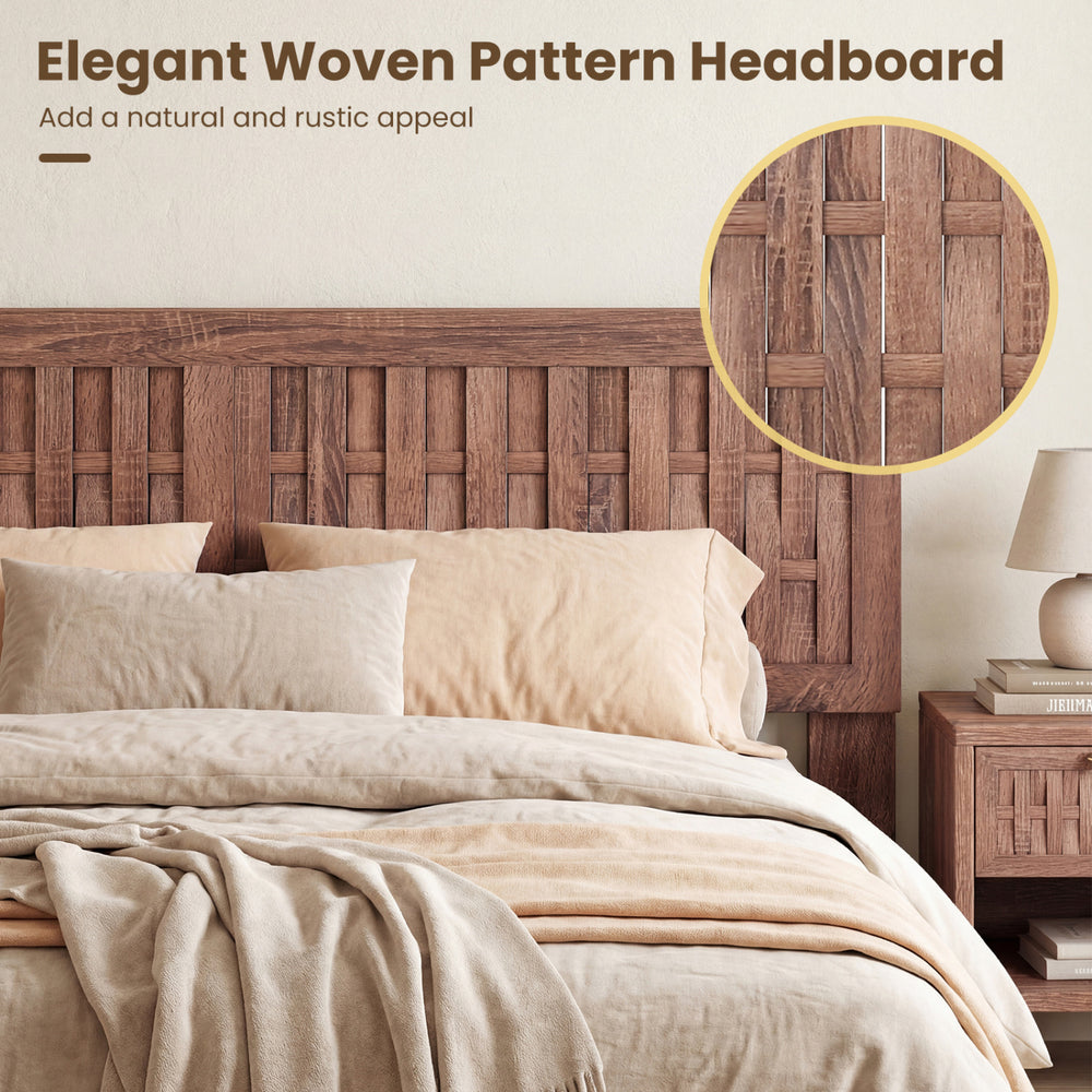 Mid Century Queen Size Bed Frame featuring a natural woven accent headboard for a rustic bedroom aesthetic.