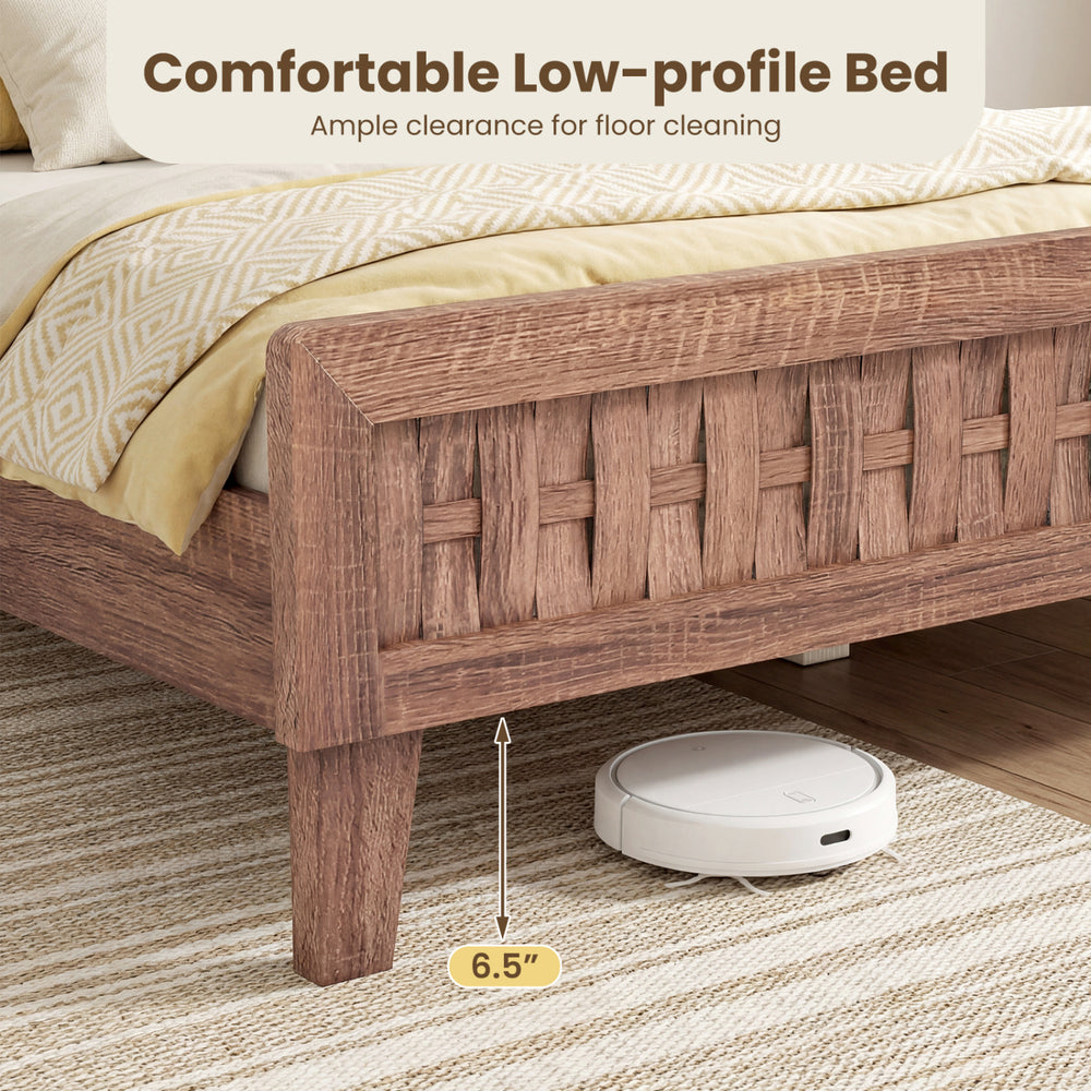 Mid century queen size bed frame with woven accent headboard, featuring 6.5" clearance for easy floor cleaning.