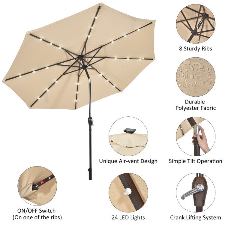10FT solar LED tilt umbrella with durable polyester fabric and 8 sturdy ribs for outdoor patio use.