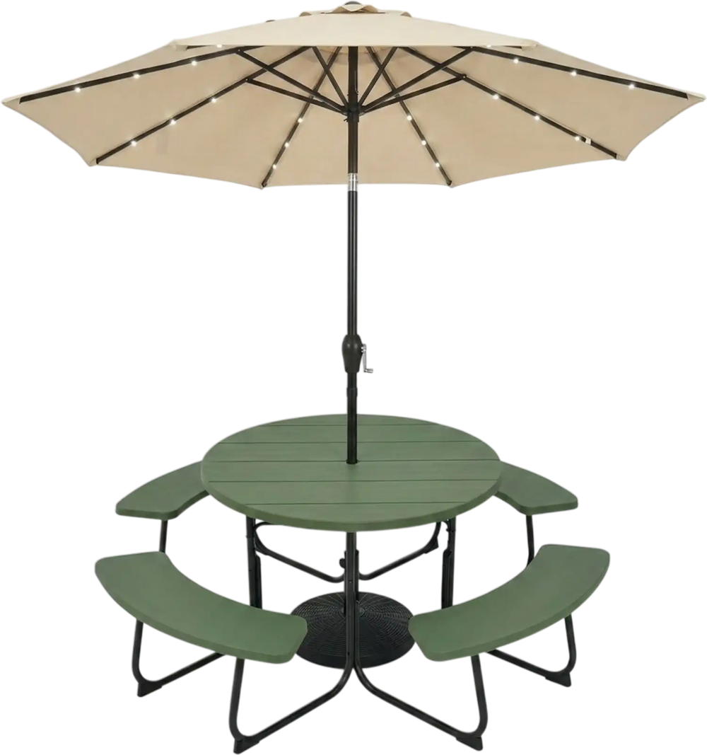 3-Piece Round Picnic Table Set with 10FT Solar LED Tilt Umbrella and Base for Patio Backyard
