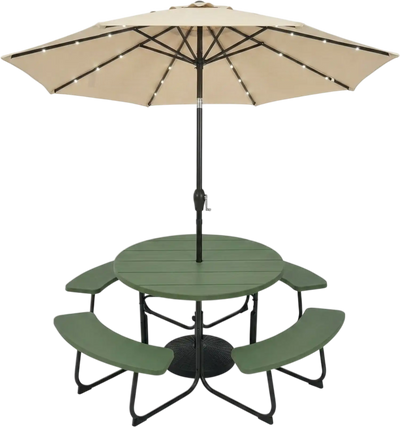 Costway 3-Pc Round Picnic Table Set w/ 10' Solar LED Tilt Umbrella & Base 85192324 New