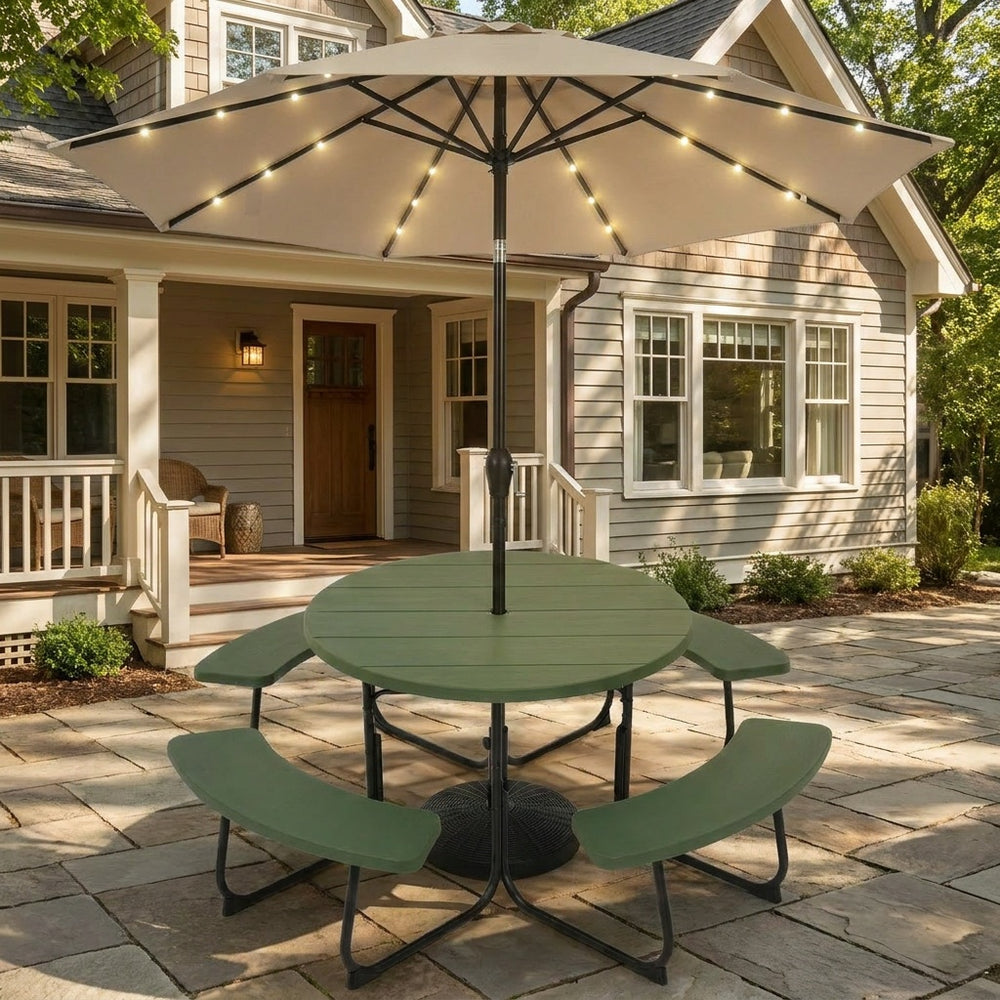 Round picnic table set with green finish, featuring a 10FT solar LED tilt umbrella for outdoor patio use.