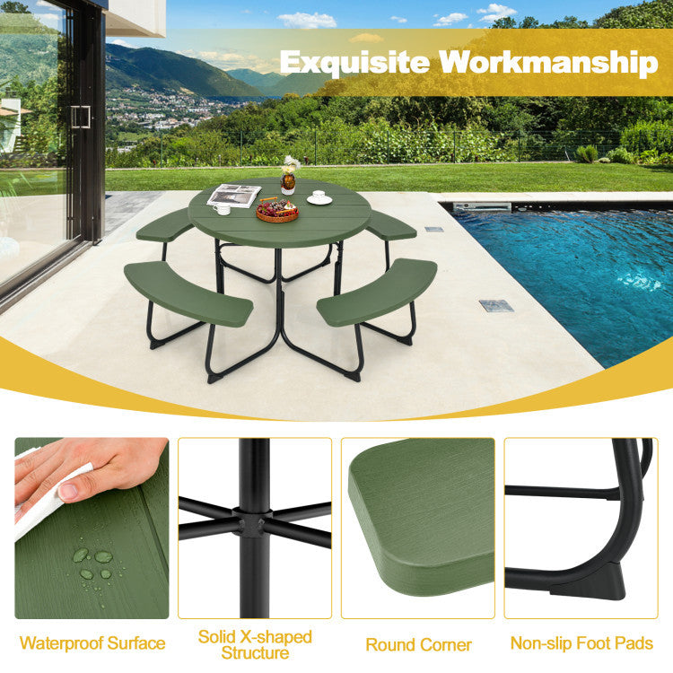 Round picnic table set with green surface, featuring solid X-shaped structure and non-slip foot pads, ideal for patio.