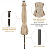 10FT solar LED tilt umbrella with iron pole, secured with a strap, ideal for outdoor patio and backyard use.