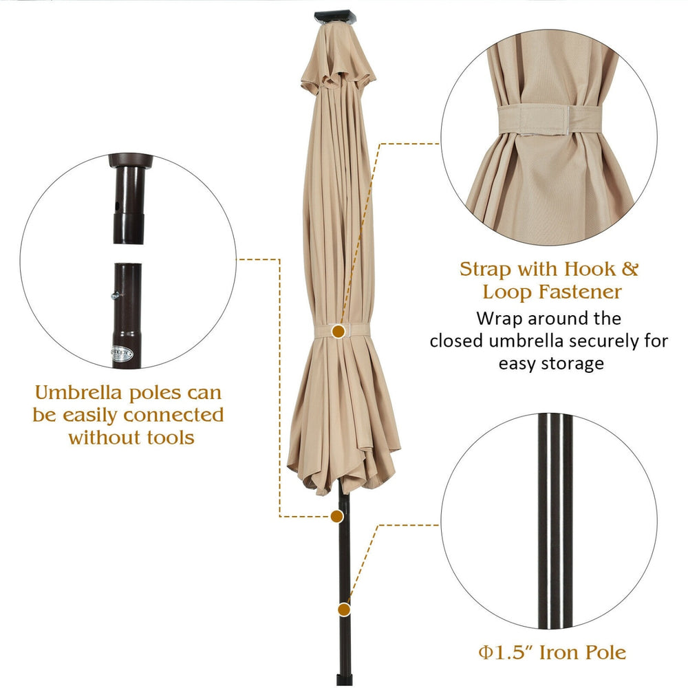 10FT solar LED tilt umbrella with iron pole, secured with a strap, ideal for outdoor patio and backyard use.