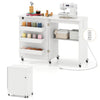 Folding craft desk with sewing machine, storage shelves, and charging station for convenient crafting and sewing.
