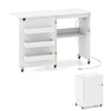 Folding craft desk with charging station, features three storage drawers, ideal for sewing and crafting projects.