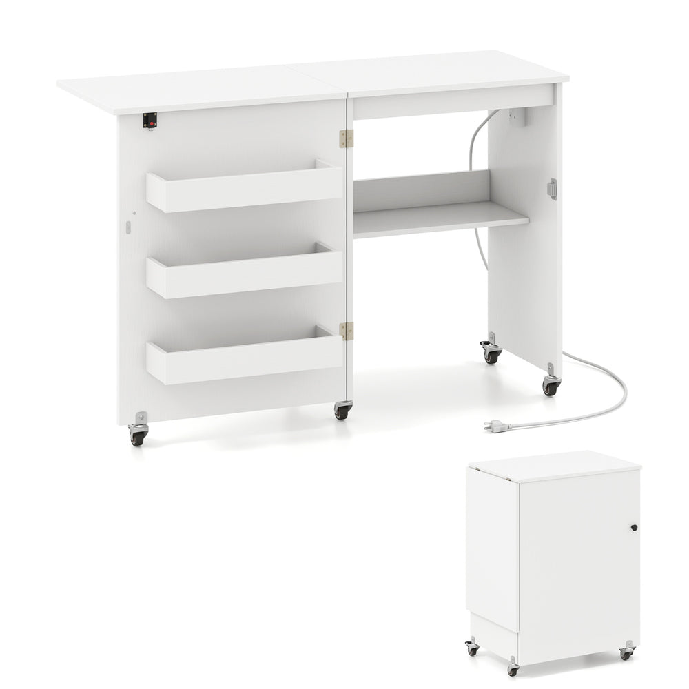 Folding craft desk with charging station, features three storage drawers, ideal for sewing and crafting projects.