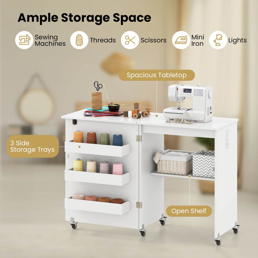 Folding craft desk with spacious tabletop, 3 side storage trays, and an open shelf for sewing machines and supplies.