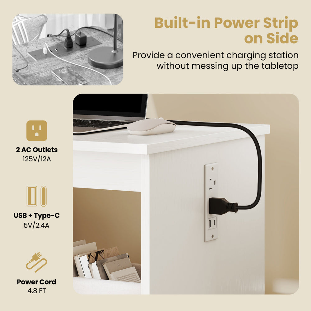 Sewing machine and table set featuring a built-in power strip with 2 AC outlets and USB for convenient charging.