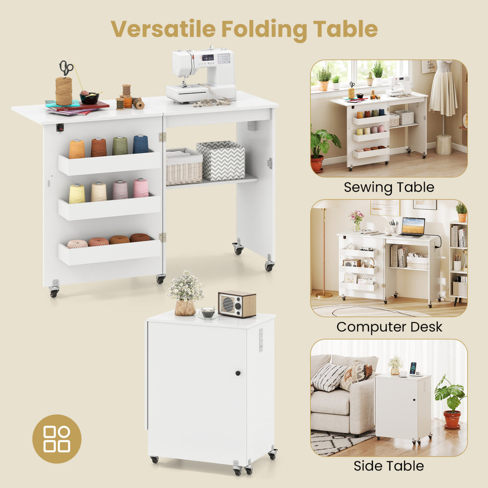 Folding craft desk with shelves, white finish, includes sewing machine and charging station for versatile use.