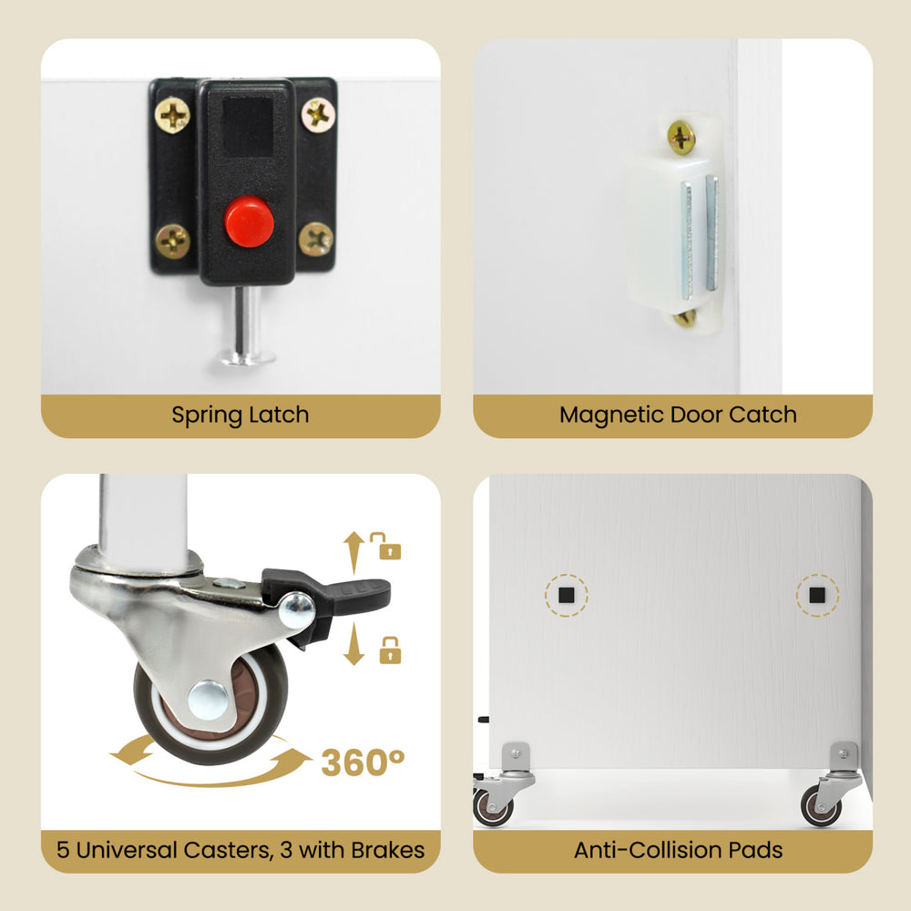Detail shots of the sewing machine table features, including spring latch, magnetic door catch, and universal casters.