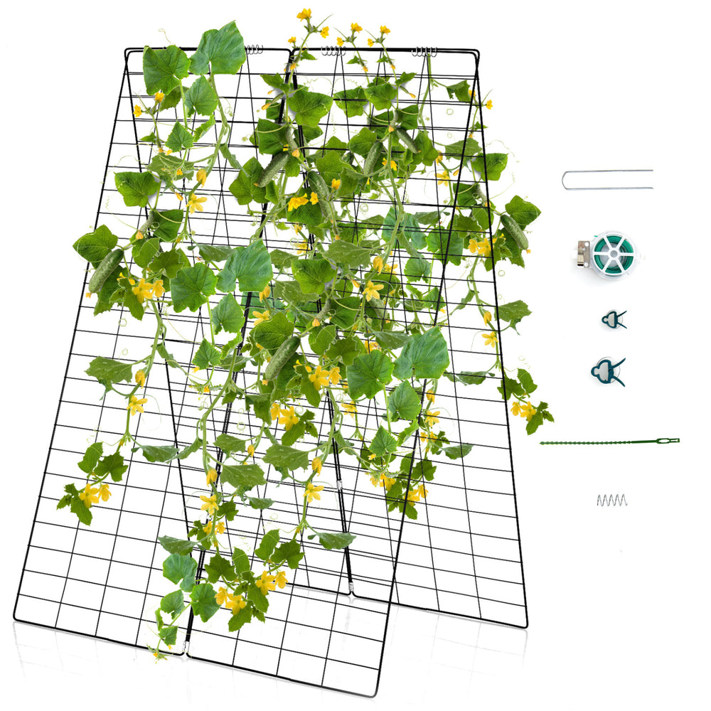 A-Frame garden trellis in black for climbing plants, includes ground stake and cable tie, perfect for garden support.