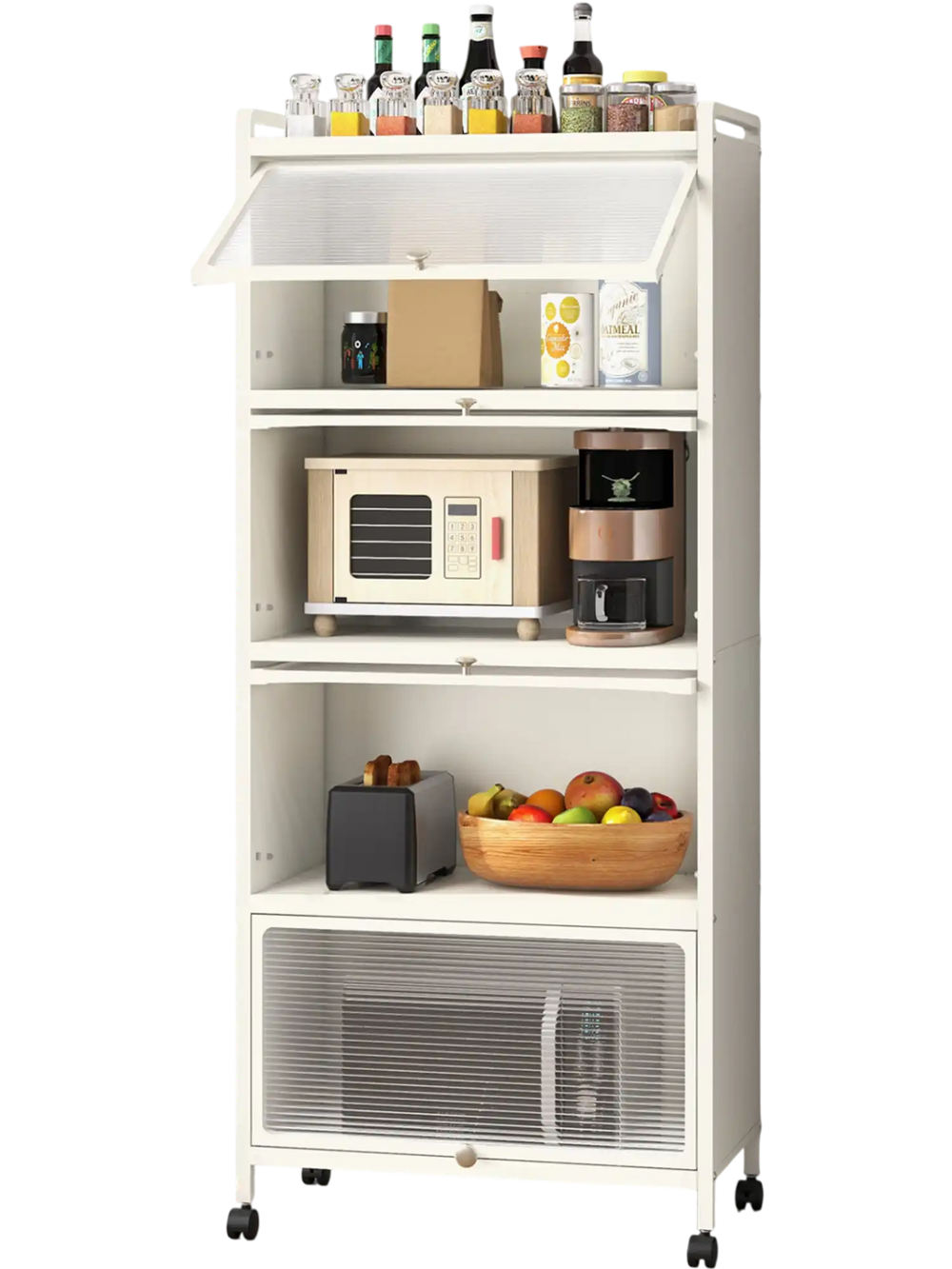 5-tier kitchen storage baker's rack with flip-up enclosed doors, featuring open shelves and a bottom storage area.