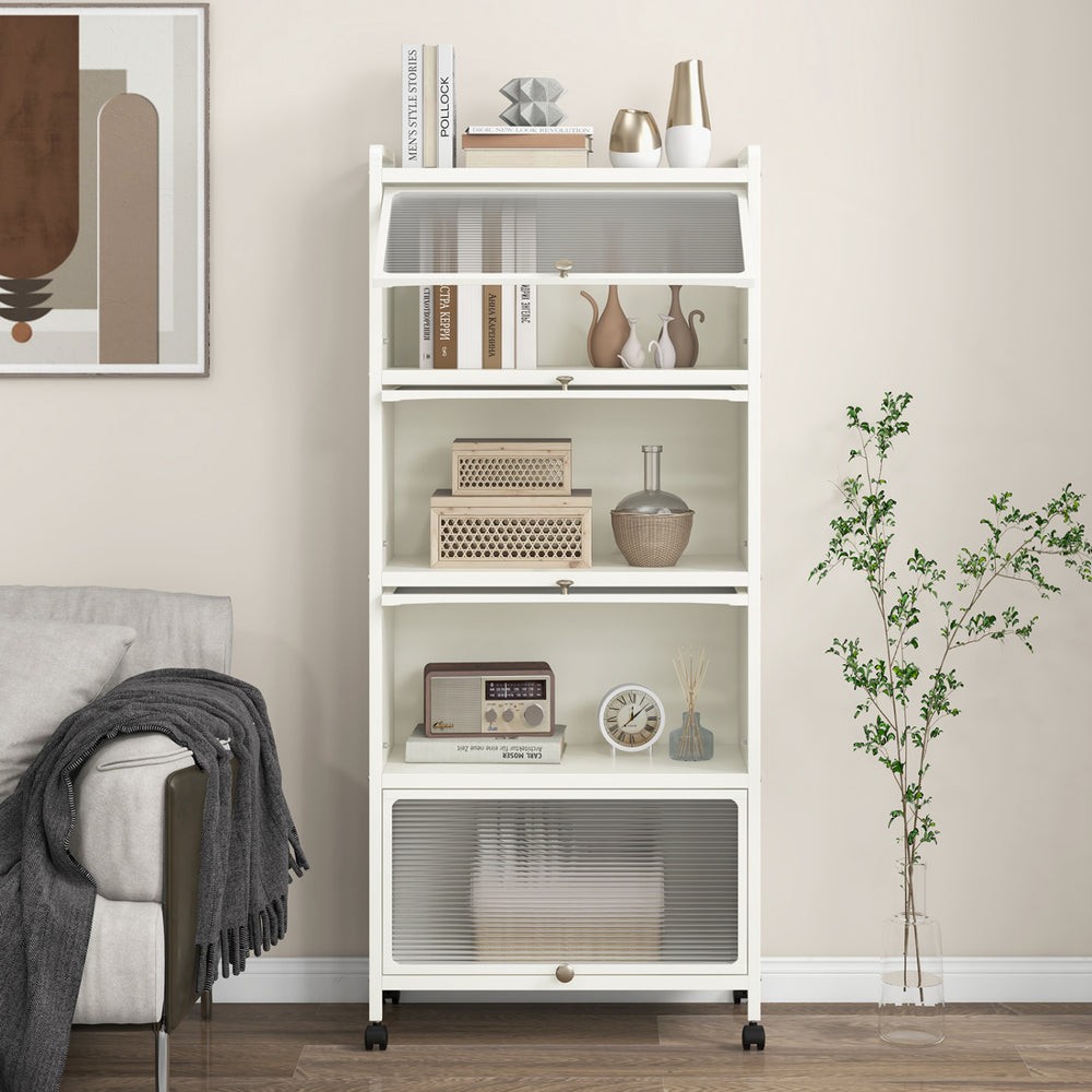 5-tier kitchen storage baker's rack in white with flip-up enclosed doors, ideal for organizing kitchen essentials.