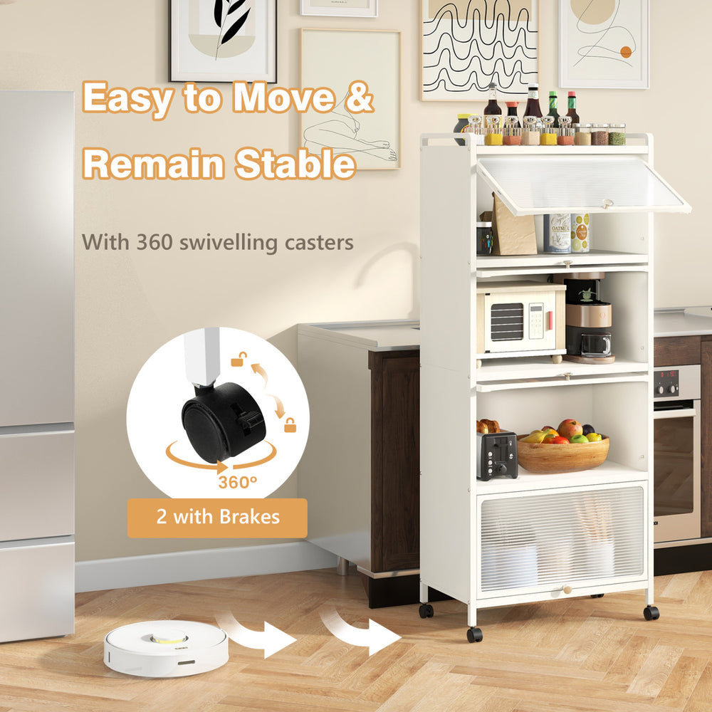 5-tier kitchen storage baker's rack with flip-up enclosed doors and 360° swiveling casters for easy mobility.