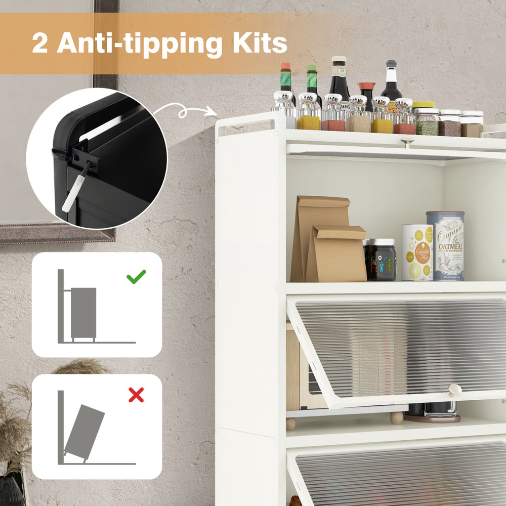 5-tier kitchen storage baker's rack featuring anti-tipping kits and flip-up enclosed doors for added safety and.