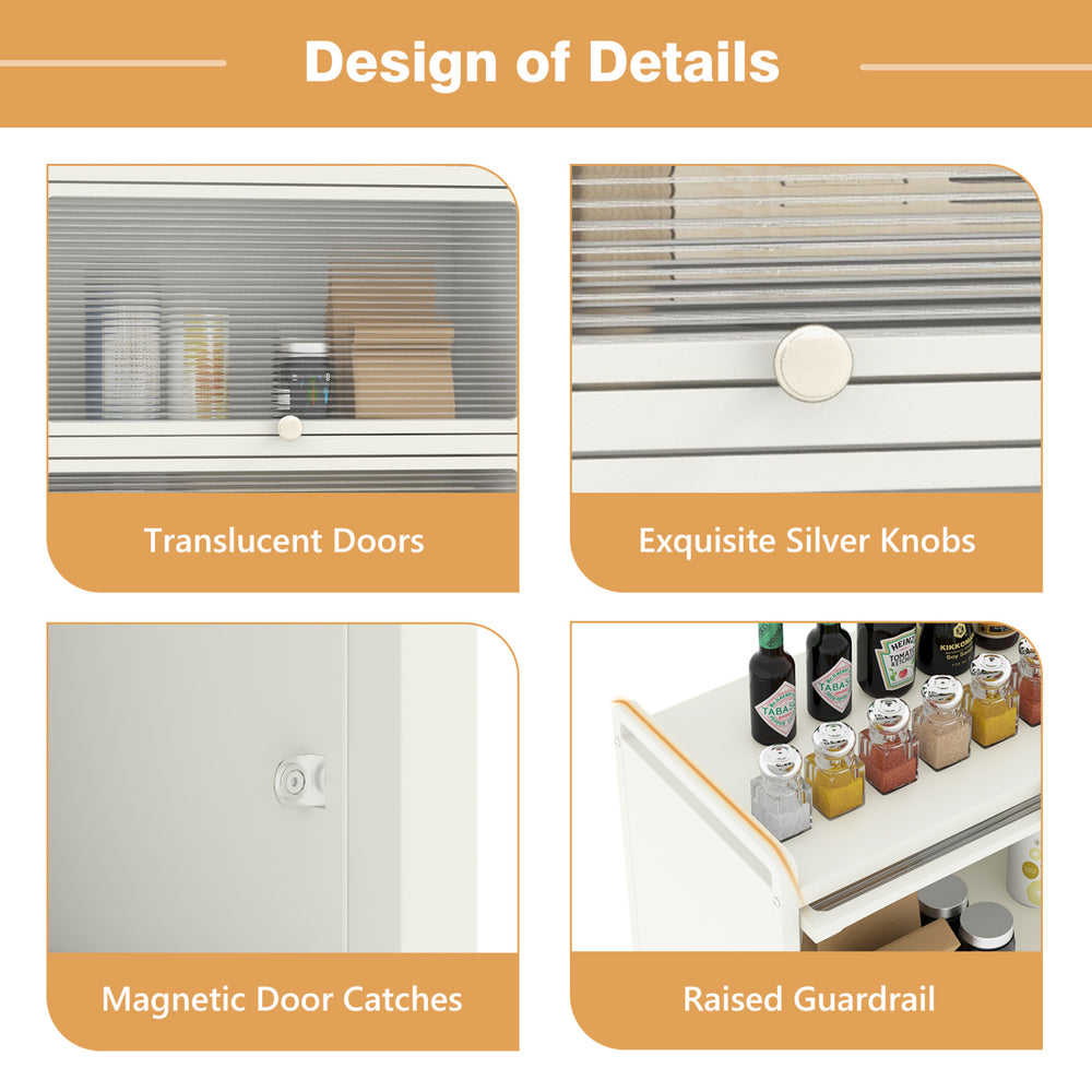 5-tier kitchen storage baker's rack featuring translucent doors, silver knobs, magnetic catches, and raised guardrail.