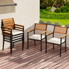 Stackable patio dining chairs set of 6 with cushions, featuring a sleek black frame and wooden armrests, ideal for.
