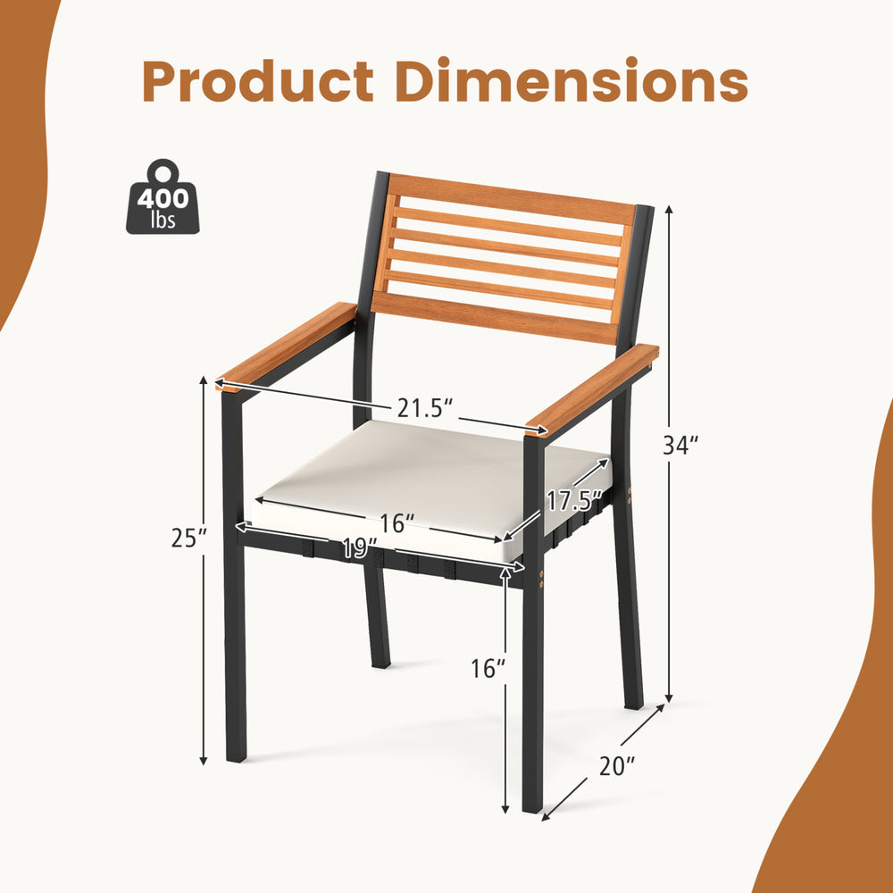 Stackable patio dining chair with cushions, featuring wood accents and dimensions for comfortable seating.