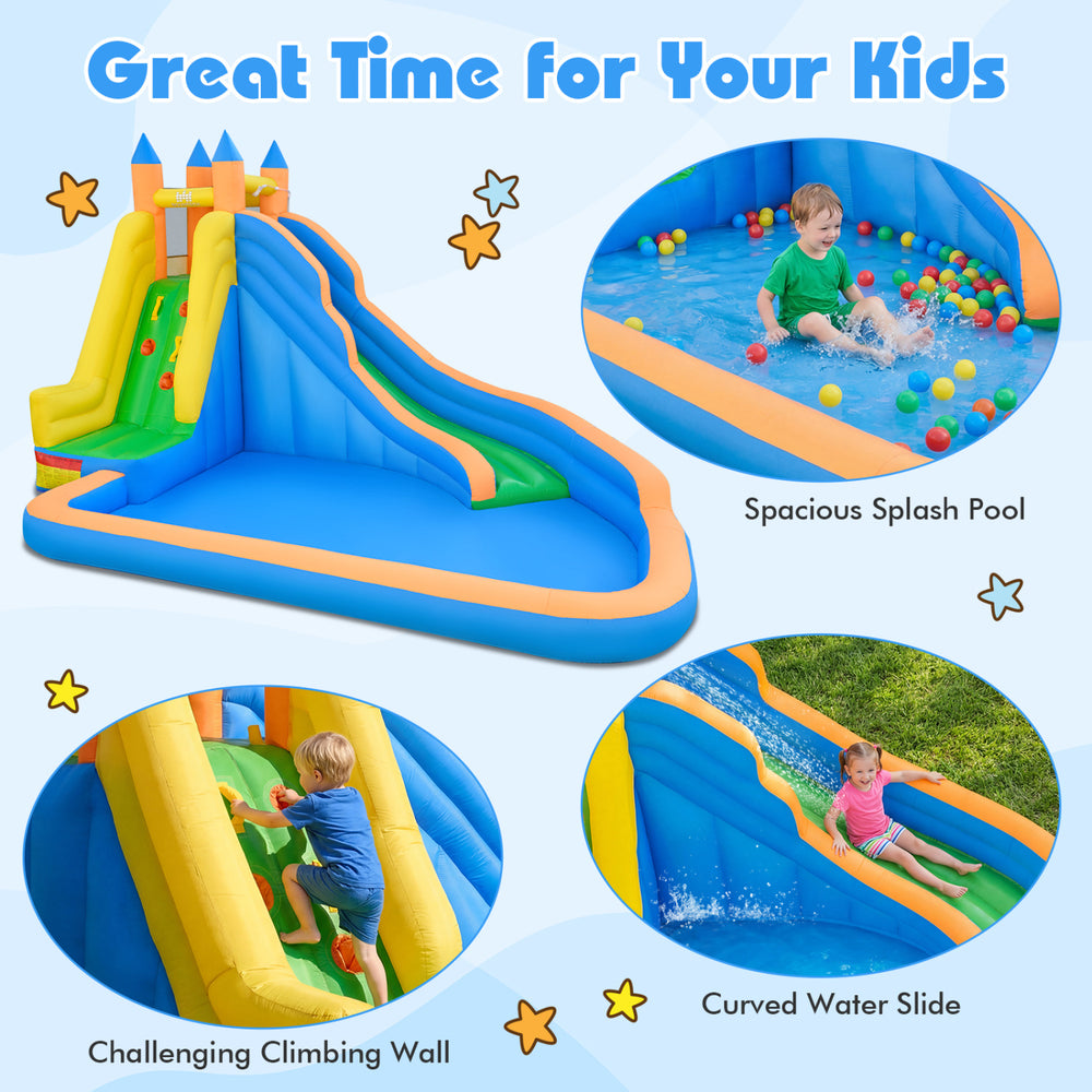3-in-1 inflatable water slide featuring a curved slide, climbing wall, and spacious splash pool for kids' fun.