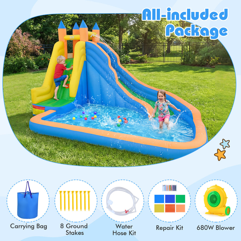 3-in-1 inflatable water slide with curved slide, pool area, and 680W blower for summer fun in the backyard.