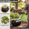 Lawn roller with a green handle, 12-gallon capacity, compressing topsoil for garden preparation.