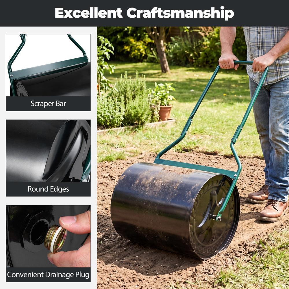 Lawn roller with scraper bar and round edges, 12-gallon capacity, ideal for leveling soil in gardens.